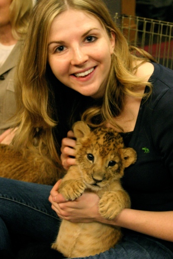 Hilary and lion cub